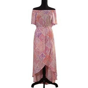 EMILY WONDER Off-Shoulder Pink Patchwork Midi Dress, Women's Size Large